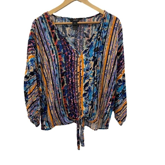 Ali Miles Tops - Ali Miles Blouse Womens Large Striped Abstract Floral Tied Hem V Neck Top